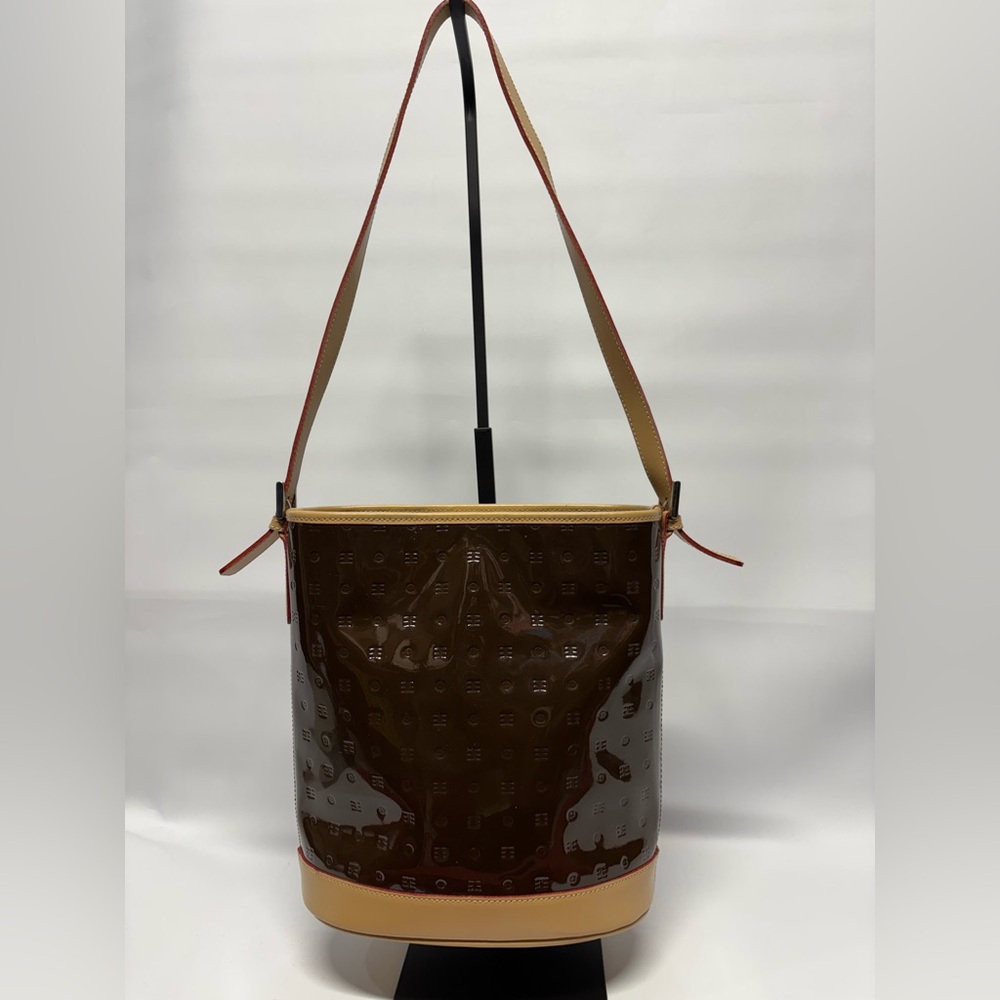 ✨Arcadia Brown/Tan Italian Patent Leather Bucket Bag Purse